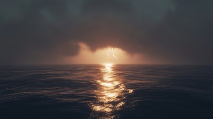 Fototapeta premium Dramatic ocean sunset with lightning strike.