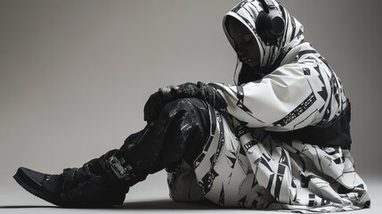 Minimalist cosplay featuring monochrome fabric and angular futuristic patterns