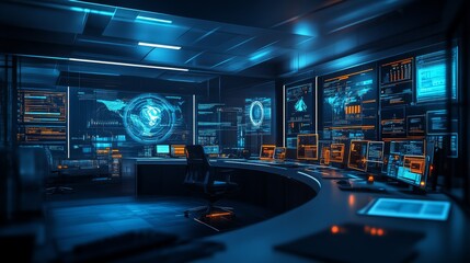 A futuristic control room featuring multiple screens displaying data, a globe, and a high-tech ambiance with blue lighting.