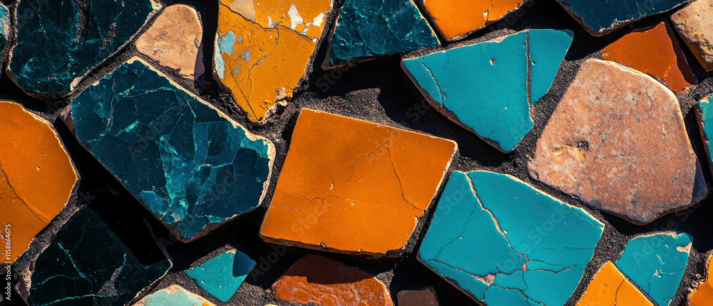 Poster colorful mosaic tile pattern with vibrant hues and interesting textures from a top view perspective