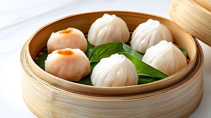 Steamed Dumplings in Bamboo Steamer on White Background