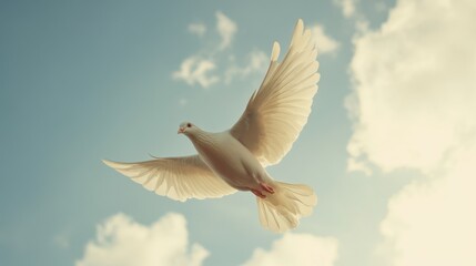 Fototapeta premium White Dove in Flight Against a Blue Sky with Fluffy Clouds