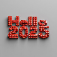 Happy New Year greeting, white "HELLO 2021" and red "Happy New Year" text on gray background, framed by colorful hexagonal elements, for marketing materials or decorations