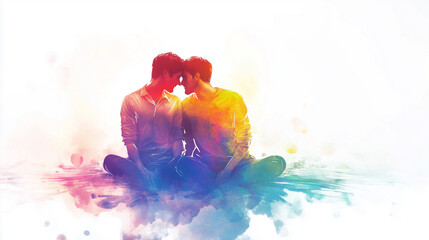 A tender moment between two individuals, infused with rainbow hues symbolizing inclusivity and pride