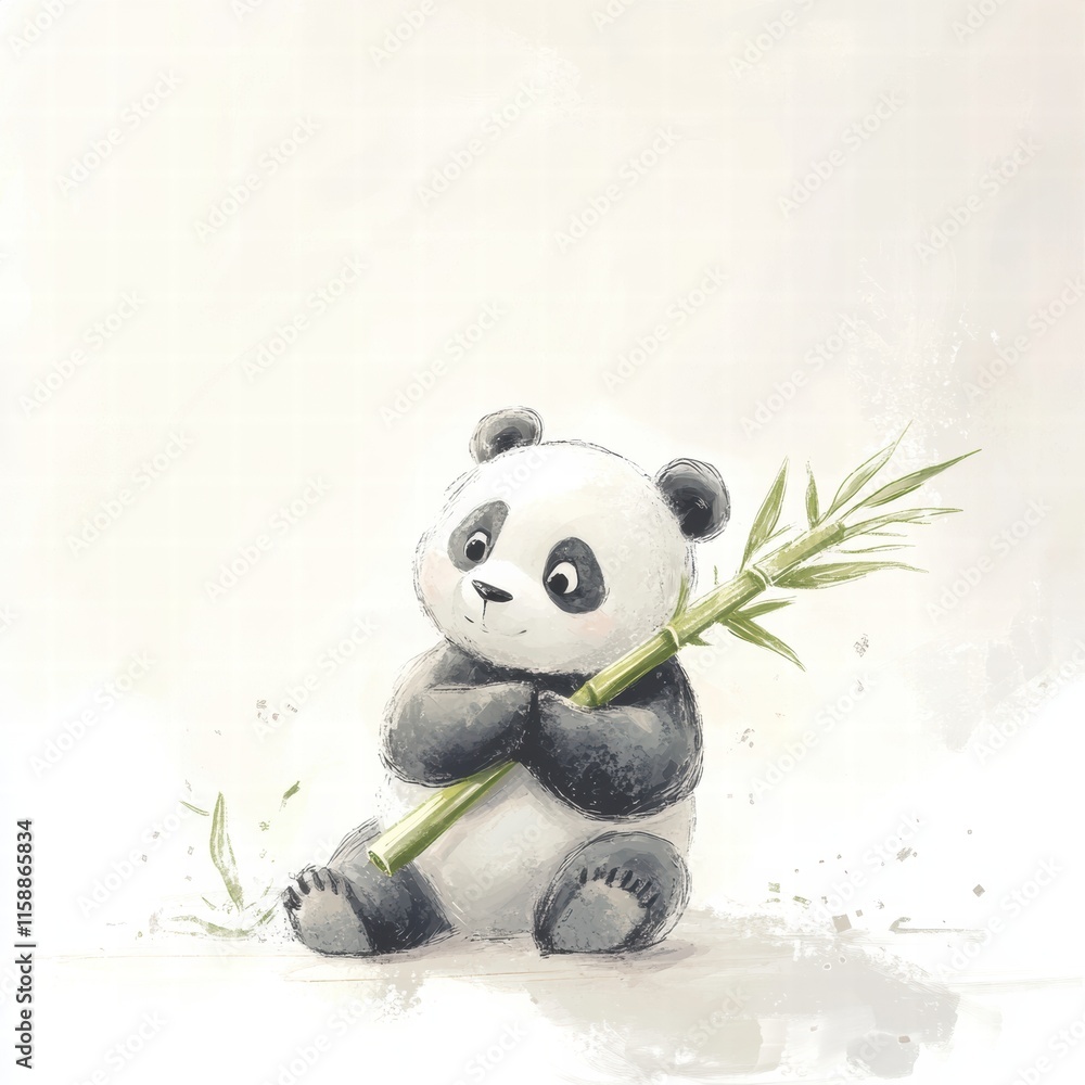Poster Panda sitting quietly while holding bamboo with a soft expression in a serene, empty background. Generative AI