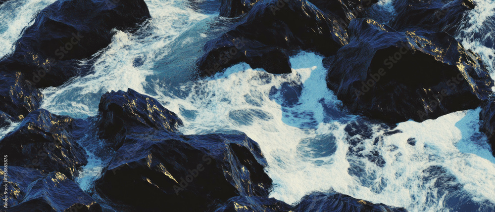 Poster Cinematic texture of rocky coastline with crashing waves in top view seamless pattern