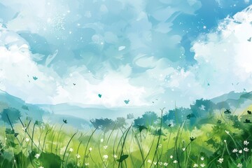 Obraz premium Abstract Watercolor Landscape with Green Grass, White Flowers, and a Blue Sky