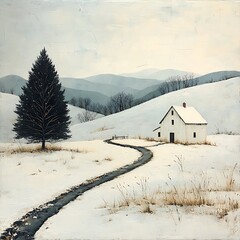 Fototapeta premium Peaceful Snowy Cottage Vintage Art Winter Wonderland Scenic Landscape Beauty Illustration