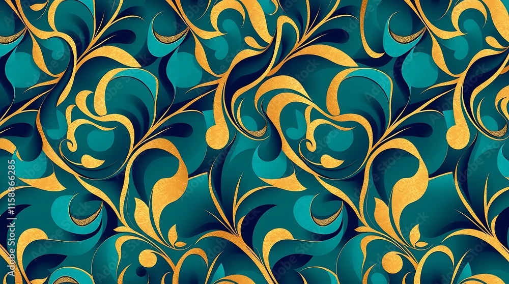 Poster gold and teal swirls: a mesmerizing abstract pattern featuring intertwining gold and teal swirls, cr