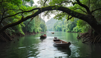 Fototapeta premium Wooden boats on a calm river under a lush tree arch