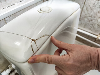 Broken toilet tank with visible crack and damage in bathroom setting