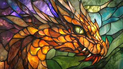 Close-up of a vibrant stained-glass dragon's head, showcasing intricate details and rich colors.
