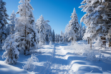 Obraz premium winter forest with snow-covered pine trees and a path between them. 