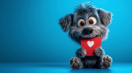 Cute cartoon dog holding heart card against vibrant blue background