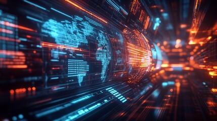A futuristic digital representation of a world map with vibrant blue and orange data streams, illustrating global connectivity and technology.