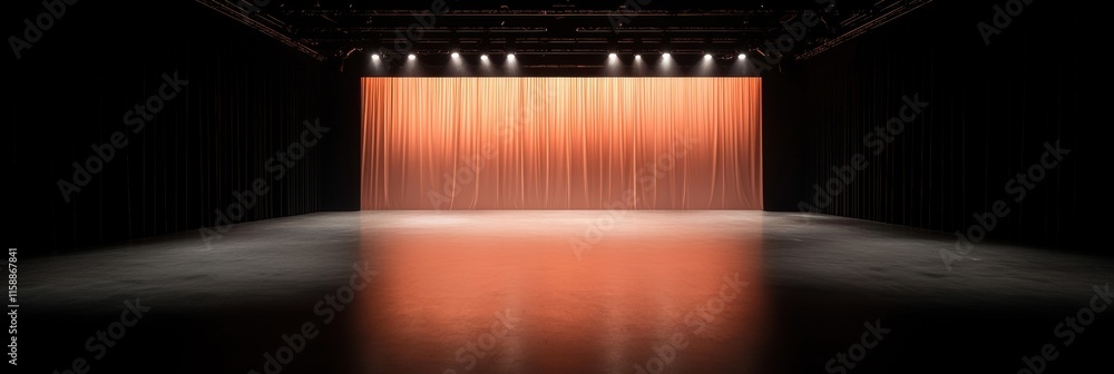 Poster a large empty stage with a red curtain hanging from the ceiling