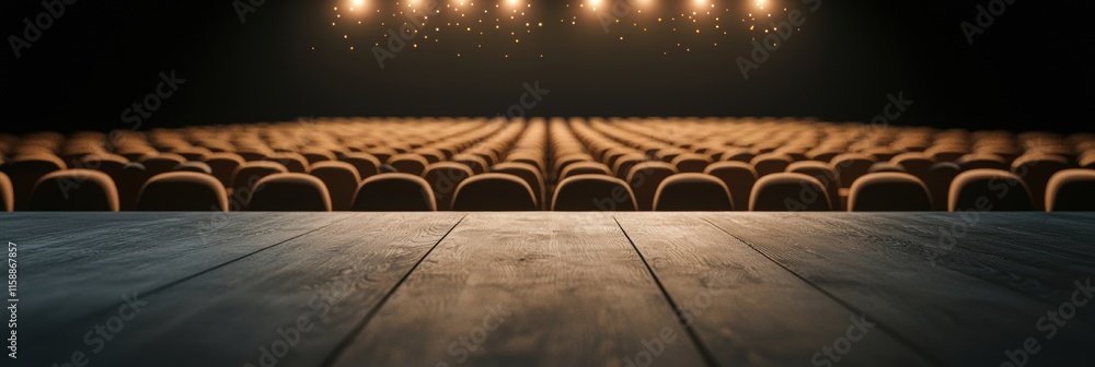 Poster a wooden stage with a row of empty seats in the background