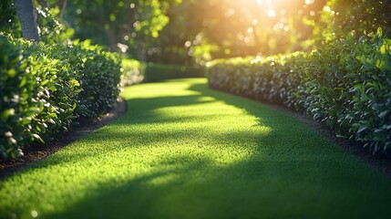 Obraz premium Perfectly maintained green boxwood hedge wall with manicured lawn, showcasing formal garden design elements and vibrant emerald foliage in sunlit botanical garden setting with natural pathway.