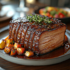Thickly-Sliced Grilled Meat, Roasted Vegetables, and Herbs Garnish on Minimalist Plate, for Culinary Advertising or Event Highlight