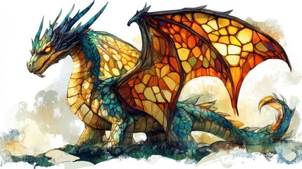 A vibrant, young dragon with stained-glass-like wings stands on a rocky outcrop against a misty background.