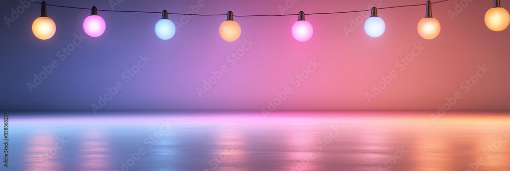 Poster a colorful string of lights hangs from the ceiling