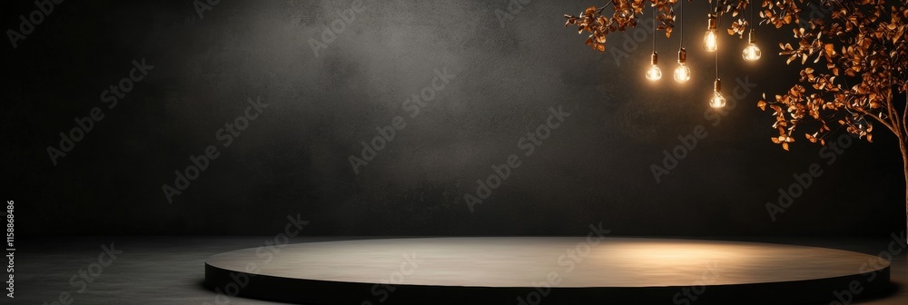Poster a dark room with a round stage and a tree with lights hanging from it