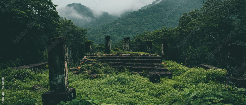 Poster exploring ancient ruins enveloped in dense greenery beneath a misty mountain backdrop