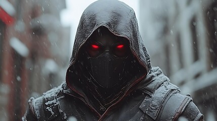 Hooded figure with glowing red eyes in snowy city.