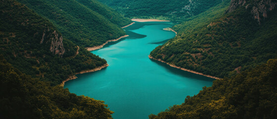 Obraz premium Cinematic top view of a tranquil river winding through a lush green valley