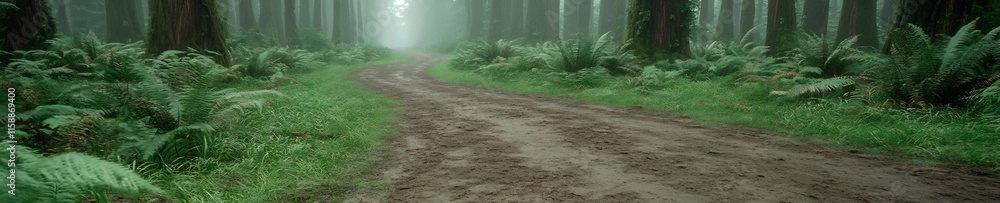 Canvas Prints Misty forest path, winding dirt road through lush ferns and tall trees.