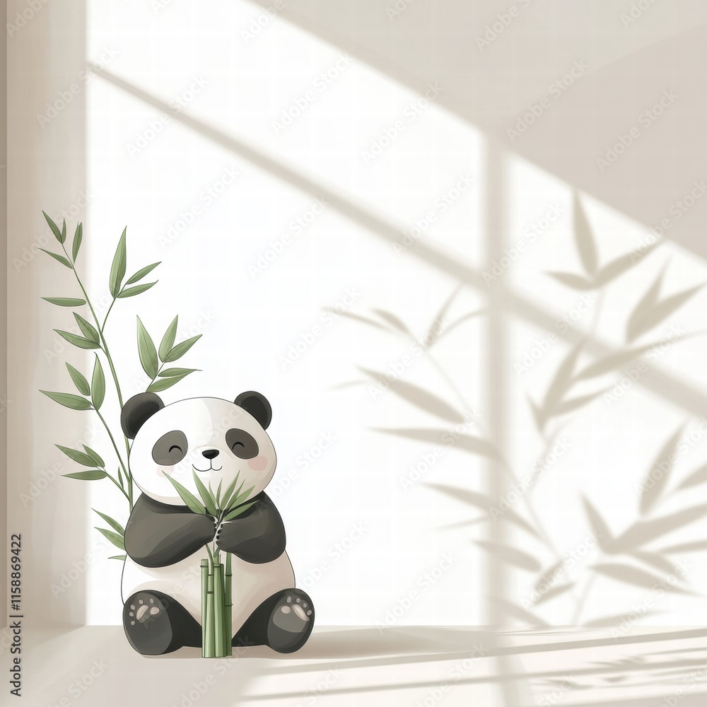 Poster panda comfortably sitting and enjoying bamboo with shadows in a serene indoor space for relaxation a