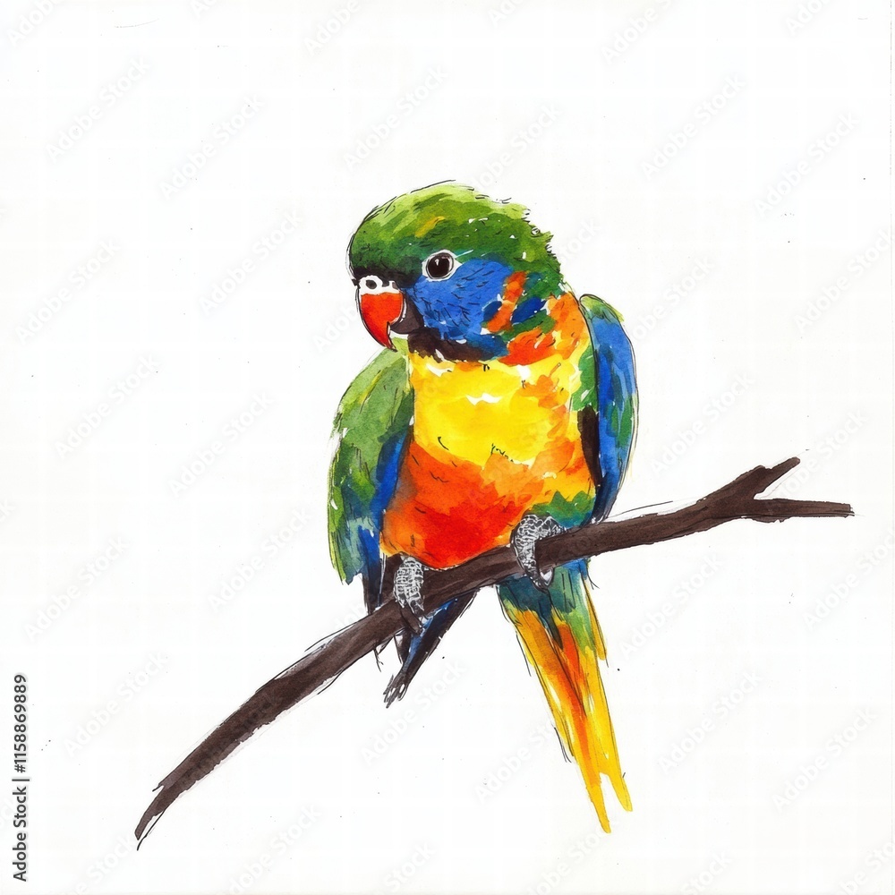 Aufkleber Bright parrot perched on a branch with plenty of copy space for text and design elements in a vibrant illustration. Generative AI