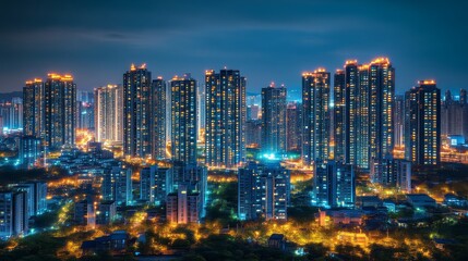 Obraz premium A stunning nighttime cityscape featuring illuminated skyscrapers and vibrant urban lights.