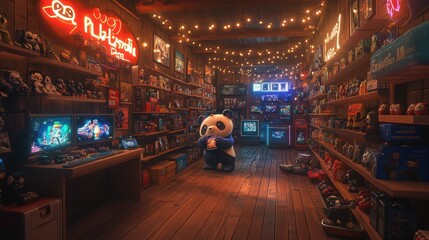 Fototapeta premium Cozy retro game store with panda.