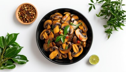Gourmet Fried Mushrooms with Fresh Herbs and Spices in an Elegant Bowl Presentation