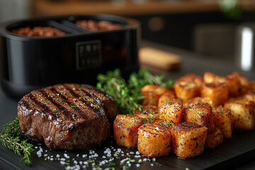 Grilled Steak, Herbs, Roasted Potatoes on Dining Table with Instant Pot, Modern Kitchen