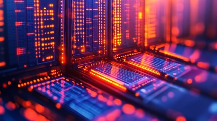 Obraz premium A vibrant, abstract depiction of data servers, showcasing glowing patterns and lights, symbolizing technology and digital information flow.