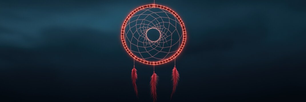 A red dreamcatcher with red feathers is displayed on a blue background