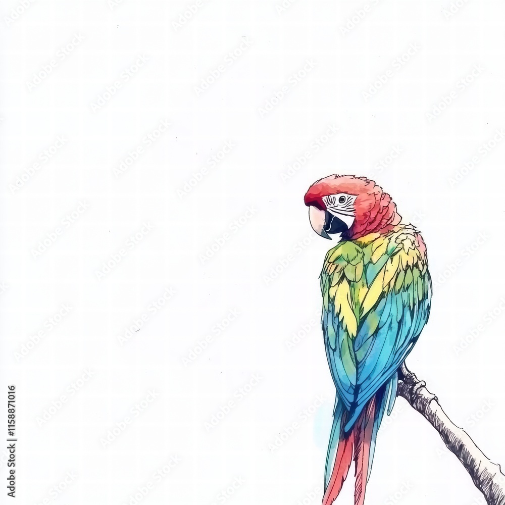 Aufkleber vibrant parrot illustrated perched on a branch in a bright setting with ample copy space for text. g