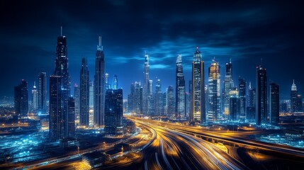 Obraz premium A vibrant city skyline at night, illuminated by lights, showcasing modern architecture and bustling roads under a dark blue sky.