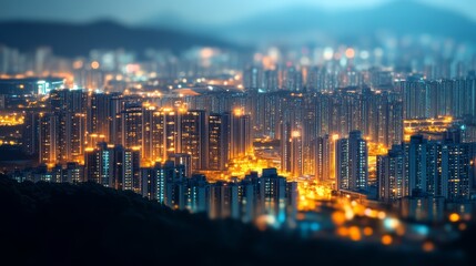 Obraz premium A vibrant city skyline illuminated at night, showcasing tall buildings and a dazzling array of lights against a misty backdrop.