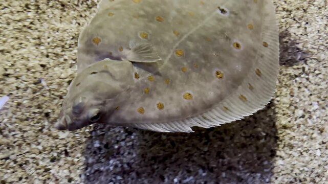 Close-Up of a Spotted Flatfish Resting on the Sandy Ocean Floor in a Marine Habitat