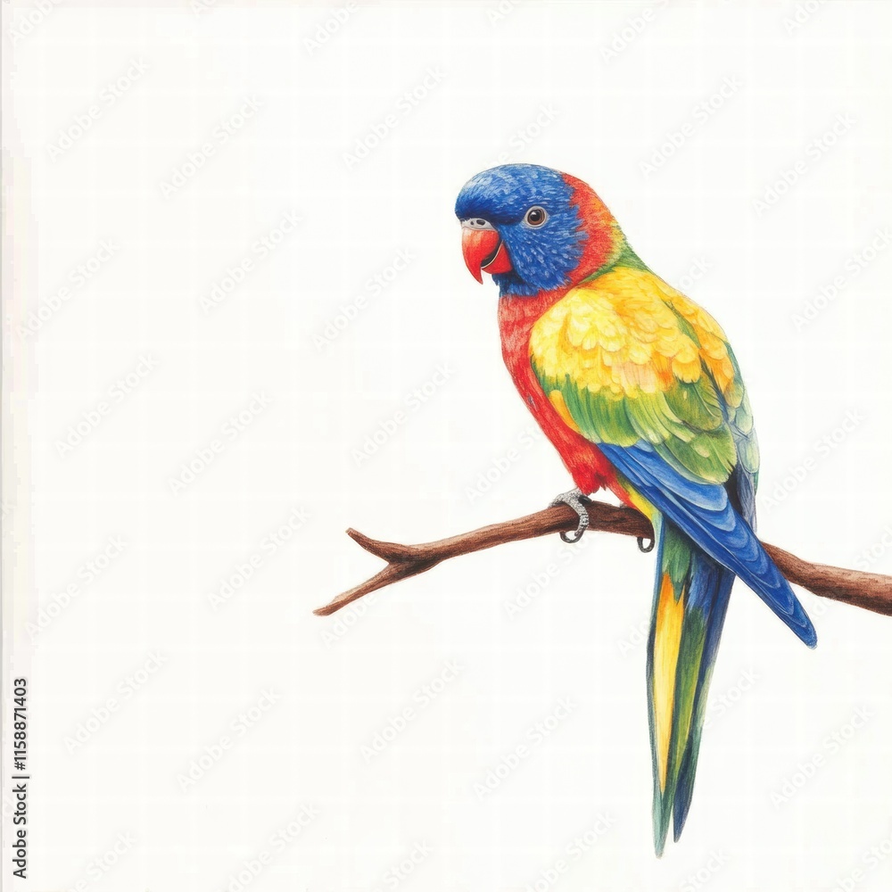 Poster beautifully illustrated parrot in vibrant colors perched on a branch with plenty of copy space for c