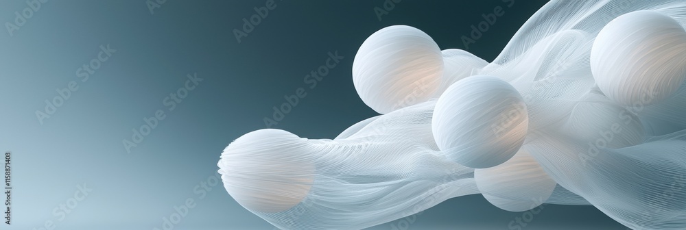 Poster a series of white spheres are floating in the air, creating a sense of movement