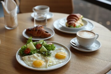 Delicious breakfast served on wooden table in cafe