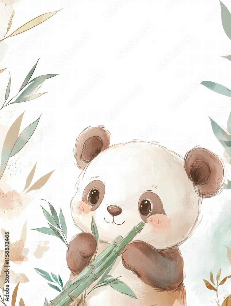 Poster Cute panda enjoying fresh bamboo with empty space for text and decorative foliage in a serene setting. Generative AI
