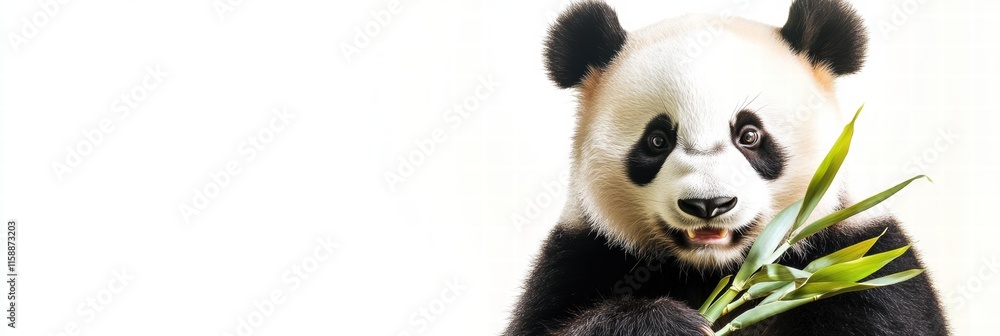 Poster Cute panda holds fresh bamboo with a playful expression and plenty of space for your text or message. Generative AI