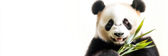 Naklejka premium Cute panda holds fresh bamboo with a playful expression and plenty of space for your text or message. Generative AI