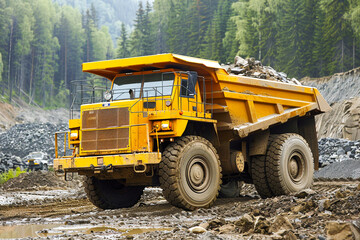 Large yellow dump truck transporting rocks in a mining area, surrounded by a forest landscape.