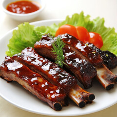 Barbecue Ribs with Glossy Sauce, White Plate, Wooden Table Setting, For Food Photography